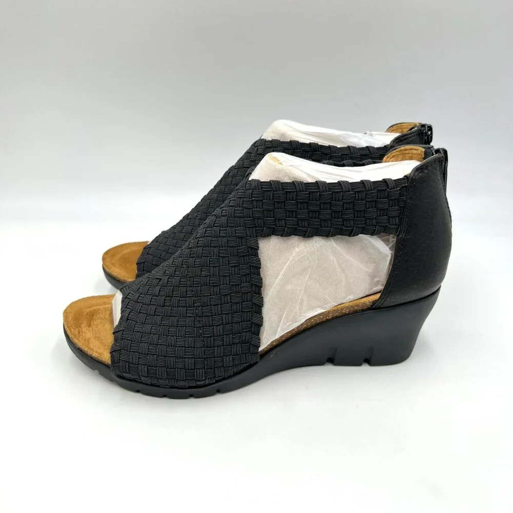 Comfortiva Womens Size‎ 6.5 Black Leather Textile Woven Wedges Sandals Shoes
